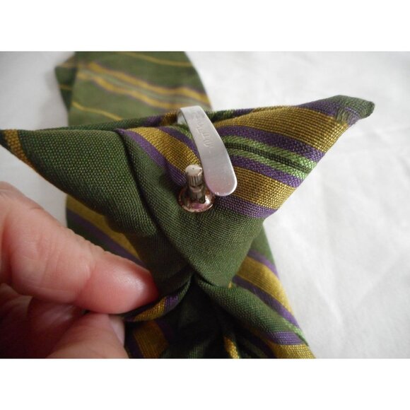 Vintage  striped Green Purple Yellow Clip on Tie Necktie Snapper - Picture 2 of 7
